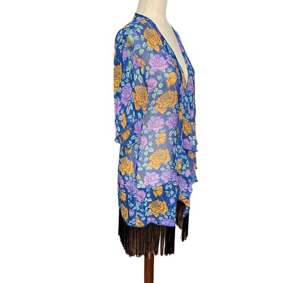 Lularoe Cardigan Women S Blue Floral Black Fringe Monroe Kimono Semi Sheer - Picture 3 of 12